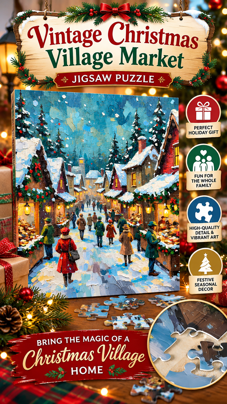 Vintage Christmas Village Market | Festive Winter Jigsaw Puzzle